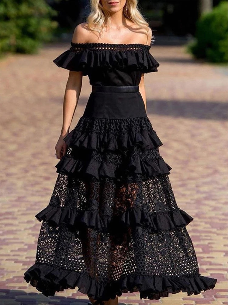 Elegant One-Shoulder Lace Ruffle Long Evening Dress for Women