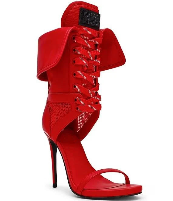 Red Patchwork Lace Up Strappy Sandals