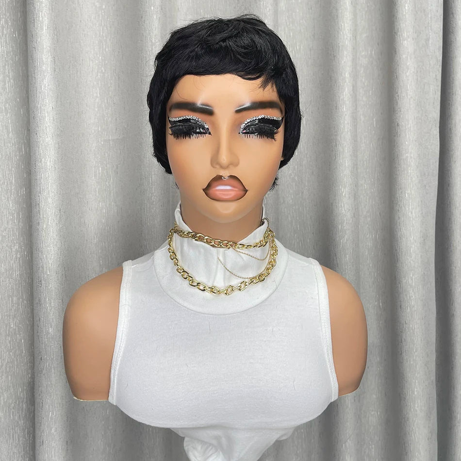 Short Black Pixie Cut Human Hair Wig With Bangs for Women