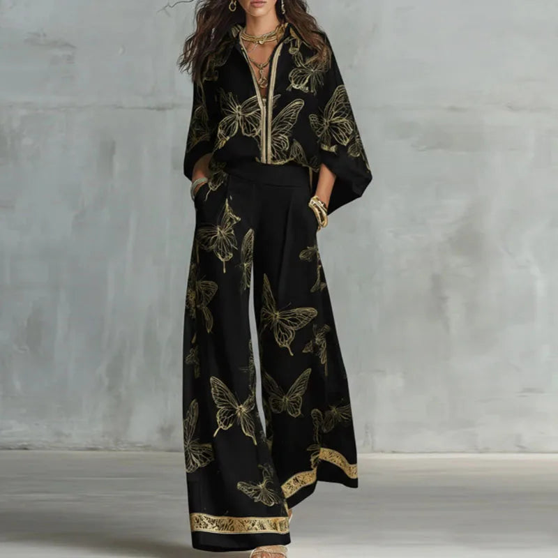 Butterfly Print Two Piece Shirt And Wide Leg Pants Set for Women