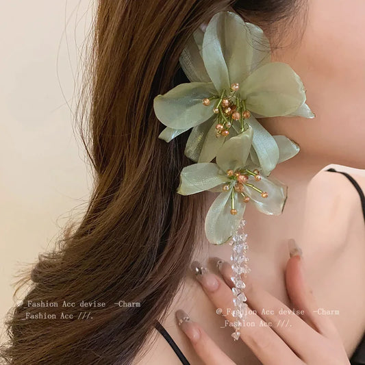 Flower Mesh Crystal Tassel Earrings for Women Elegant Style Exaggerated Long Earings Wholesale