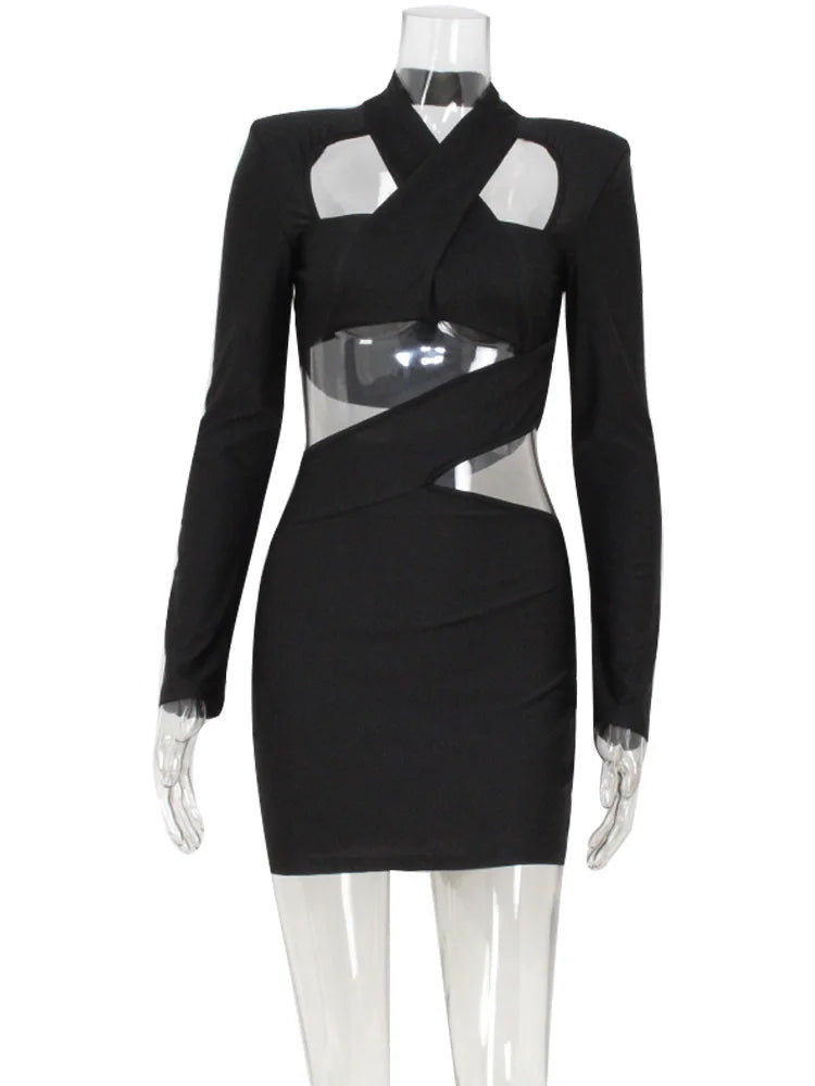 Hollow Out V Neck Long Sleeve Bodycon Mini Dress for Women