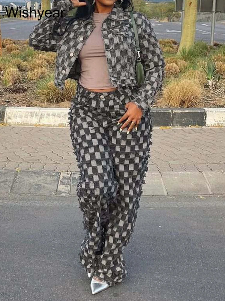 Women's Fashion Gray Denim 2 Piece Set Long Sleeve Patchwork Jacket And Wide Leg Pants Streetwear Grid Wash Jeans Autumn Outfits