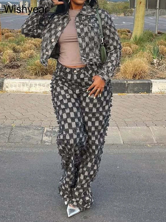 Women's Fashion Gray Denim 2 Piece Set Long Sleeve Patchwork Jacket And Wide Leg Pants Streetwear Grid Wash Jeans Autumn Outfits