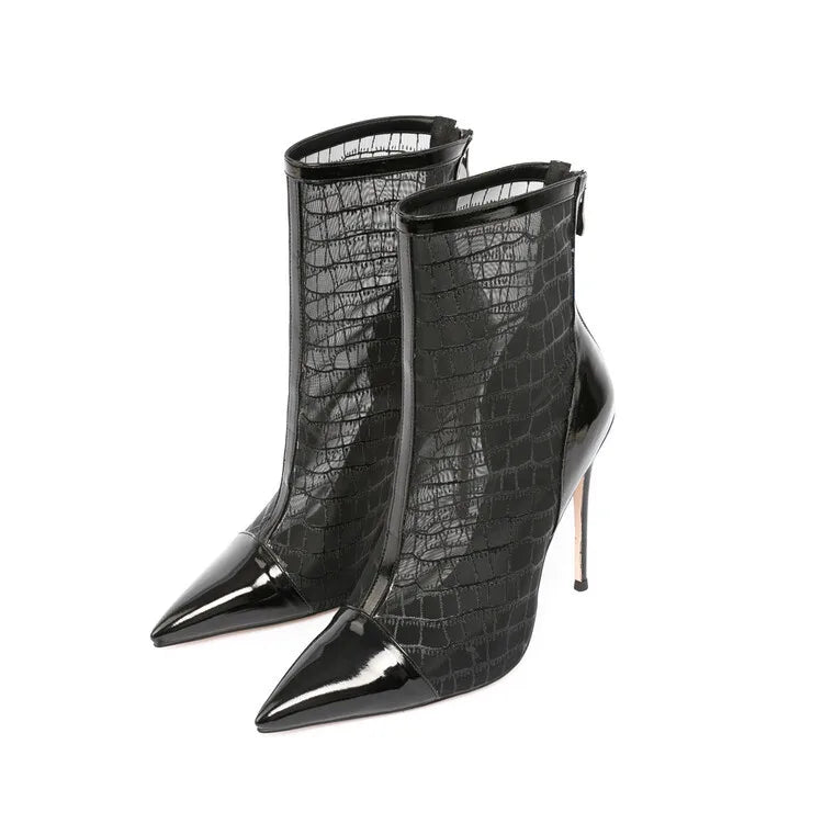 Elegant Black Mesh Stiletto Ankle Boots With Pointy Toe Rear Zipper For Women