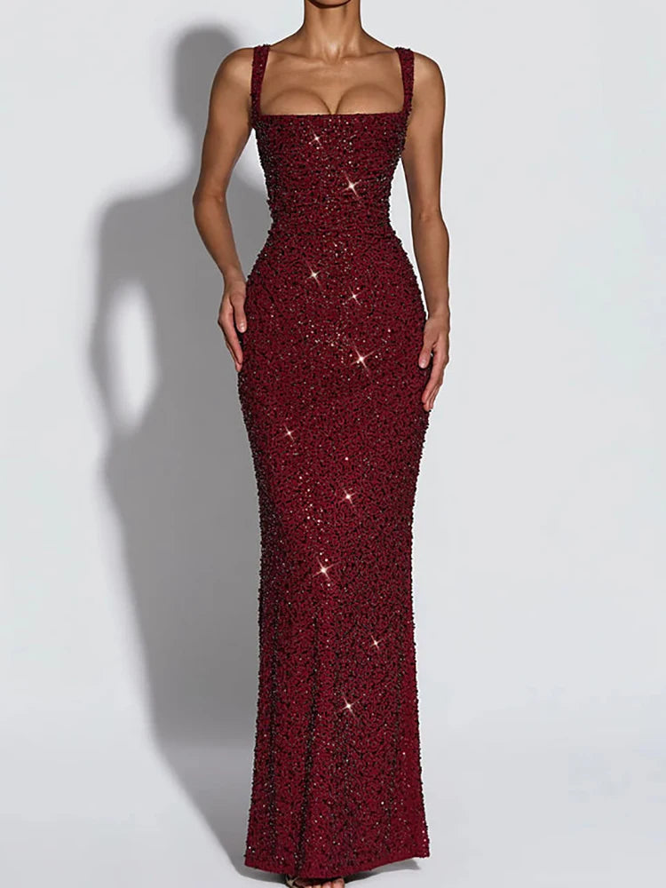Elegant Sequined Backless Sleeveless Maxi Party Dress for Women