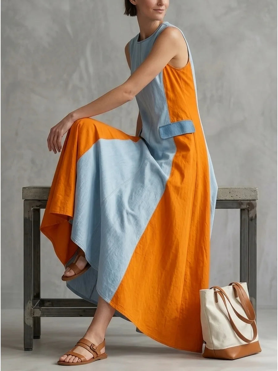 Blue Orange Color Block Round Neck Sleeveless Maxi Dress for Women
