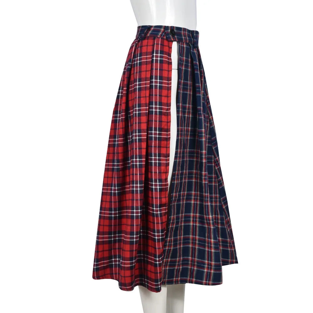 FAGADOER Fashion Streetwear Women High Waisted Plaid Splicing Print Side Slit Mid Skirts Casual Female Y2K Matching Bottoms 2023