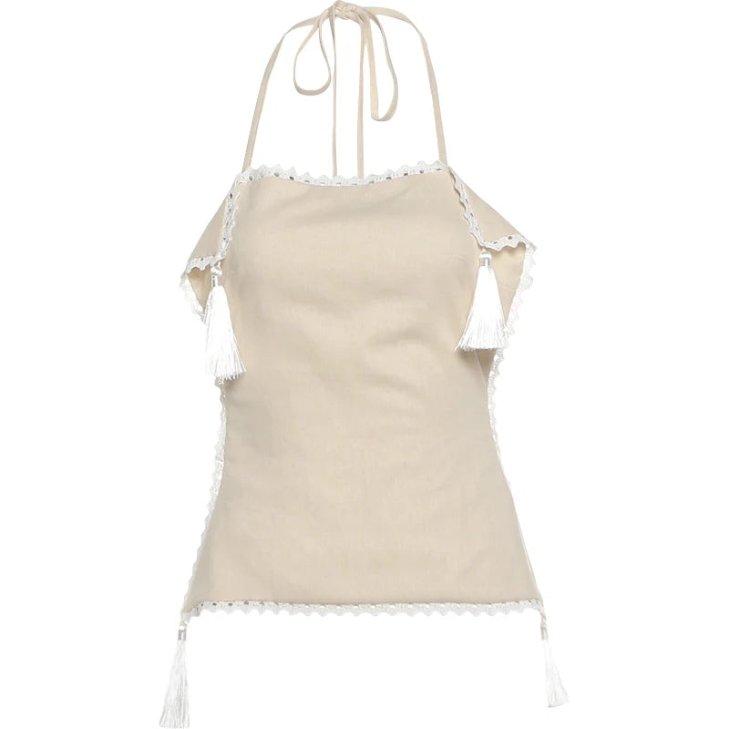 Backless Tassel Halter Patchwork Skirt Two Piece Set for Women