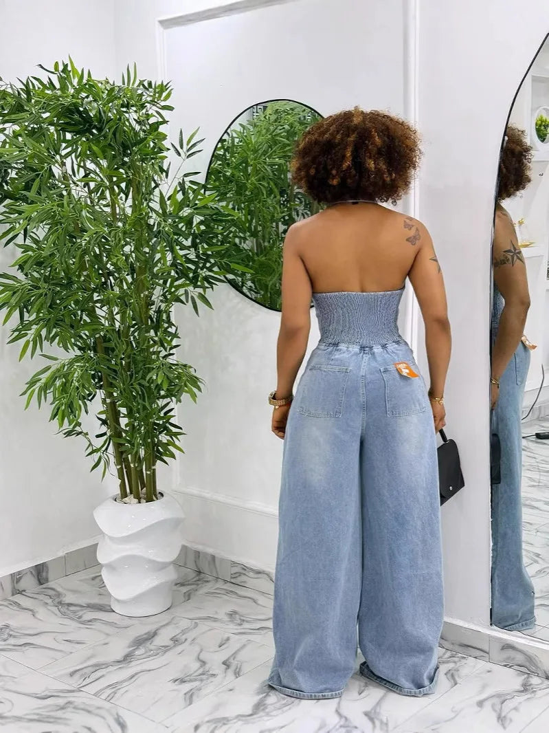 Washed Denim Halter Neck Backless Jumpsuit for Women