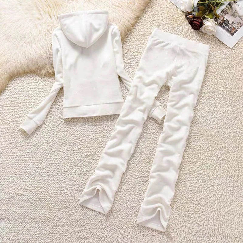 Soft Velvet Hooded Two Piece Tracksuit Set for Women