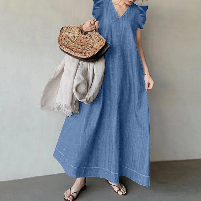 Bohemian Style V Neck Flutter Sleeve Denim Maxi Dress for Women