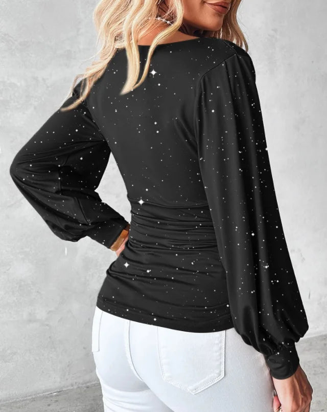 Elegant Red Sequin Long Sleeve Blouse With Ruched Waist for Women