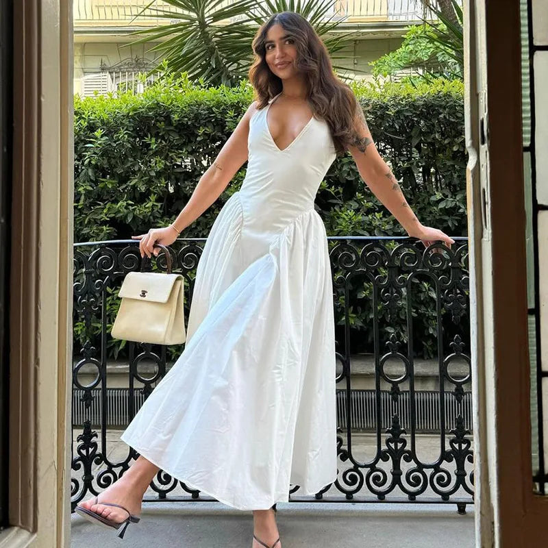 Elegant Halter V Neck Backless Maxi Dress For Women