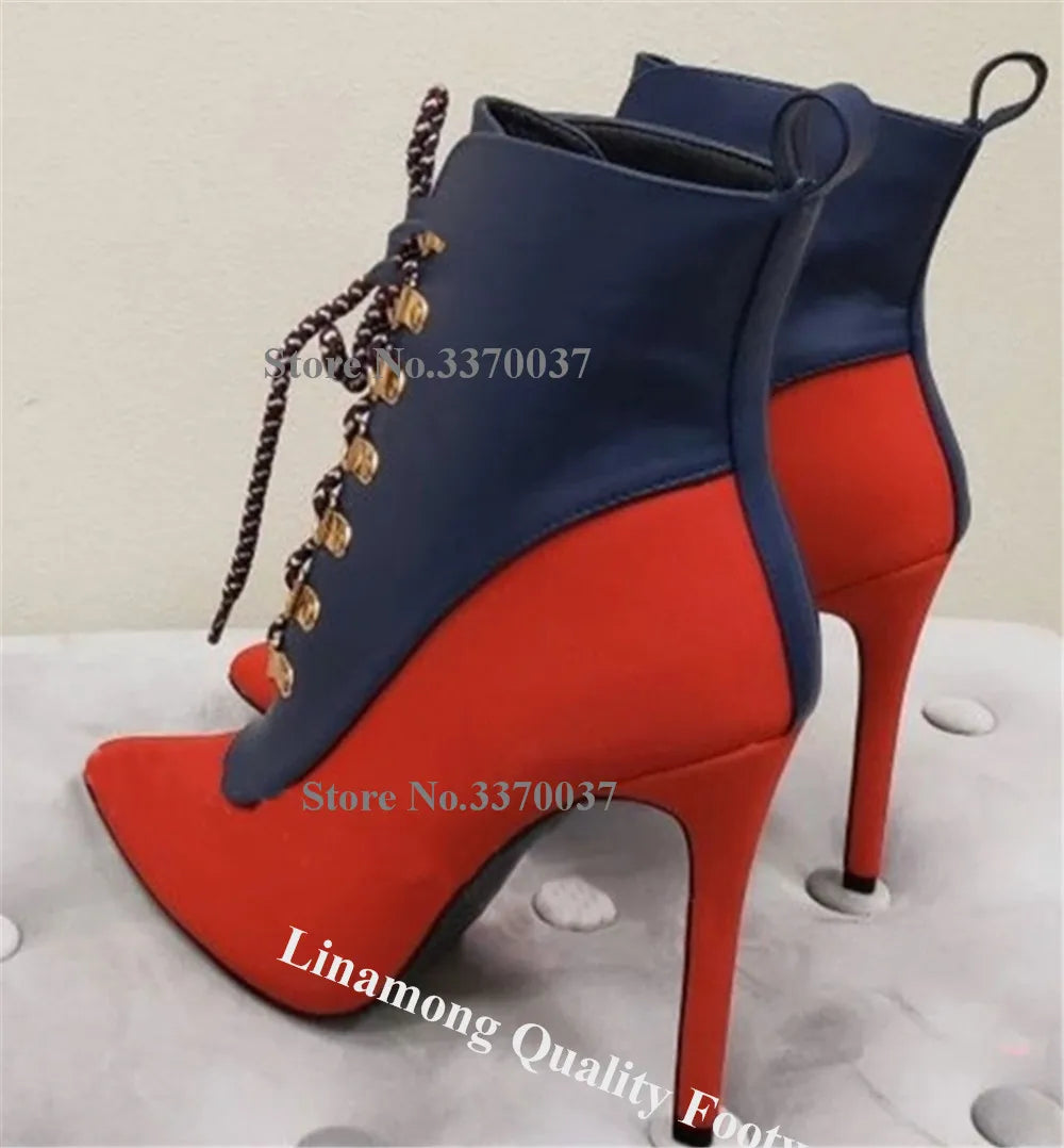 Red Blue Patchwork Buckles Lace Up Ankle Boots for Women