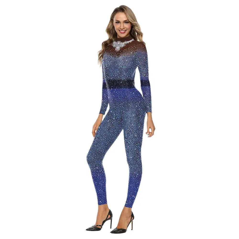 Elegant Skin Color Rhinestone Print Jumpsuit for Women
