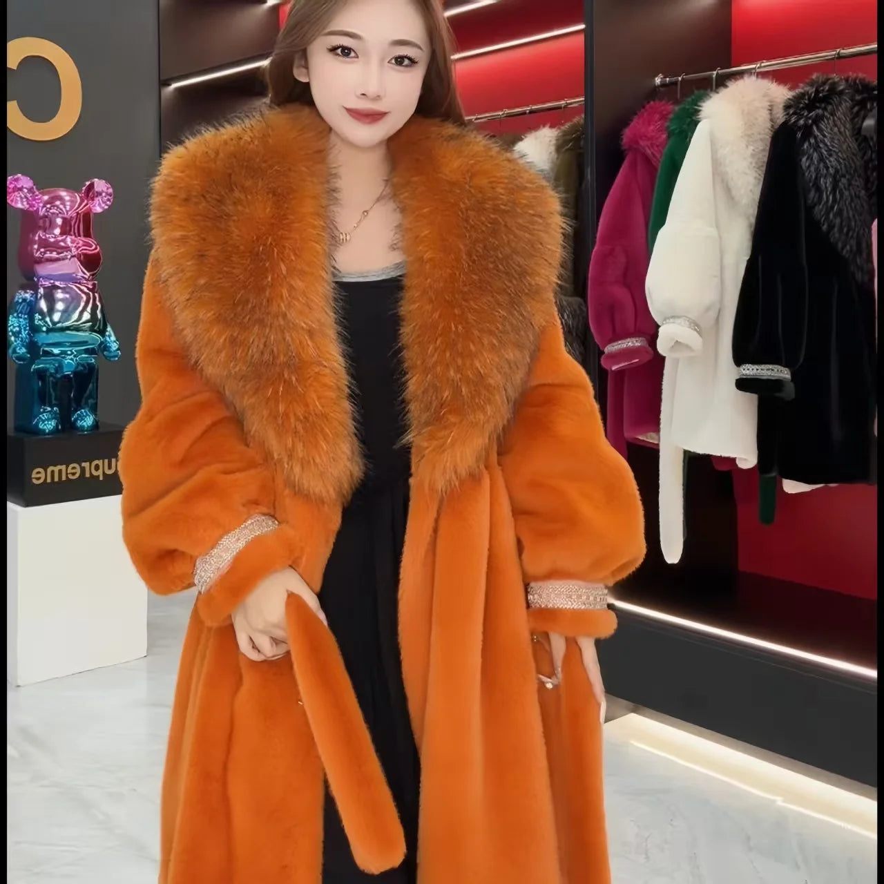 Faux Fur Coat for Women,Turn-down Collar,Loose Thicken Warm Jacket,Female Clothes,Adjustable Waist,New ,Winter