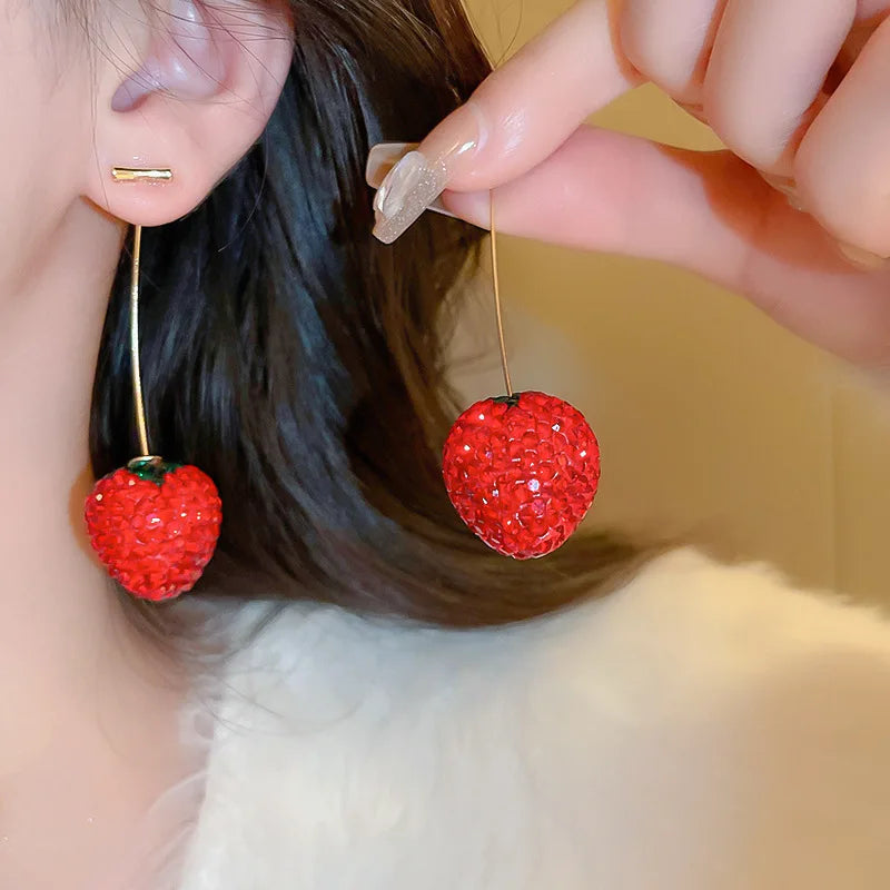 Resin Cherry Rhinestone Drop Earrings