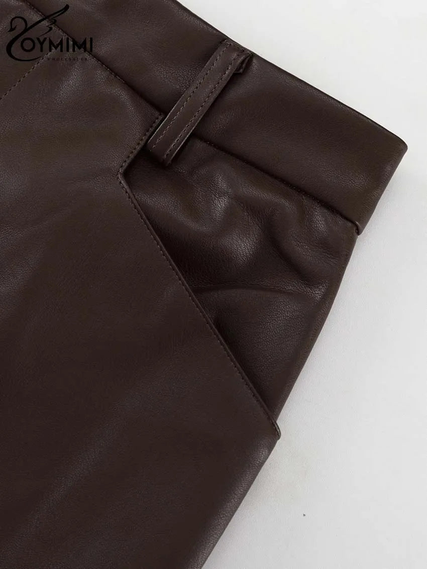 Oymimi Vintage Brown Pu Leather Skirts For Woman Elegant High Waisted Straight Skirts Casual Simple Ankle-Length Skirt Female