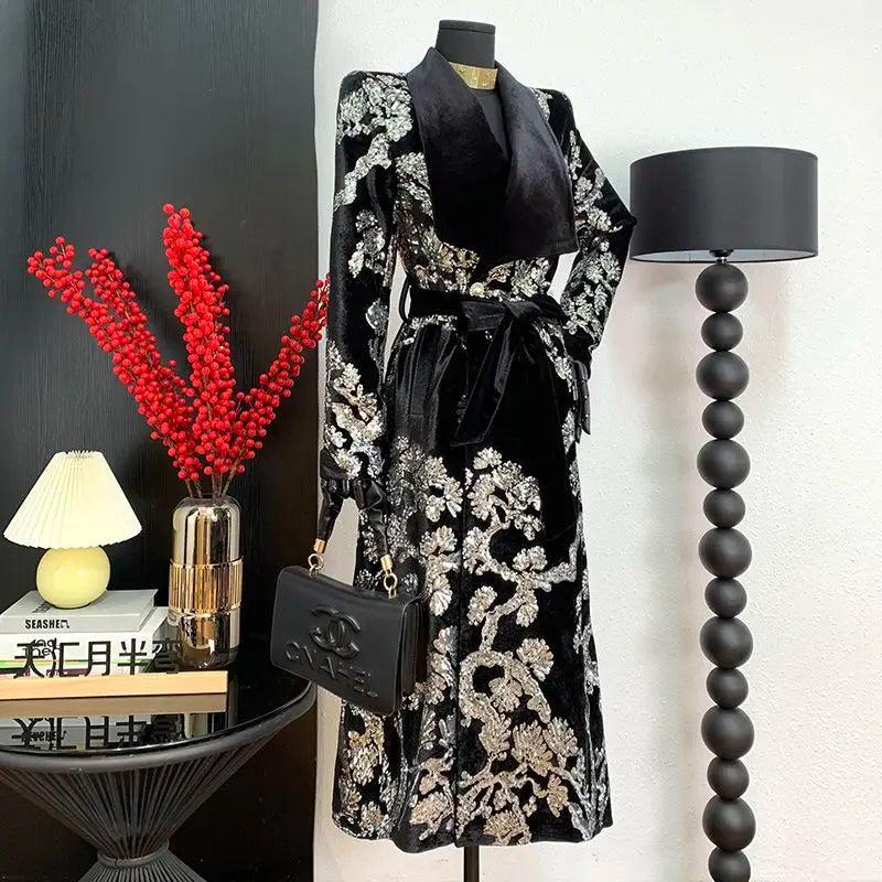 Adjustable Waist Windbreaker Coat Autumn/Winter New Sequins Trench Coat, Women's Coat, English Style Overcoat