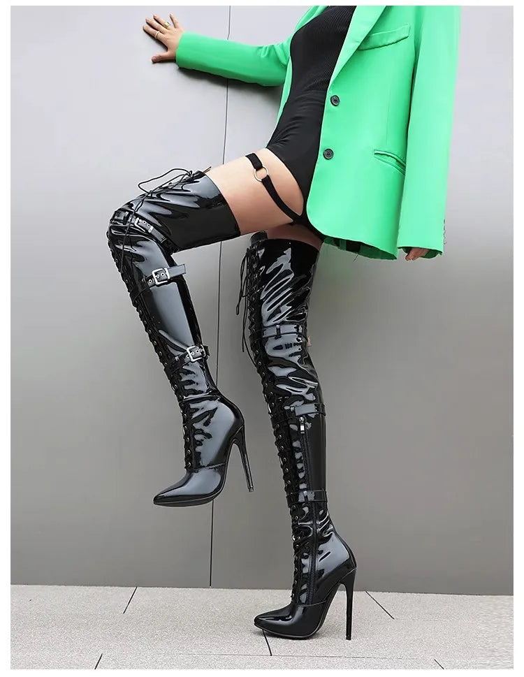 Modern Elegant Pointed Stiletto Heel Thigh High Leather Boots For Women