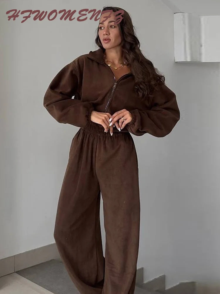 Casual Brown Stand Collar Long Sleeve Jumpsuit for Women
