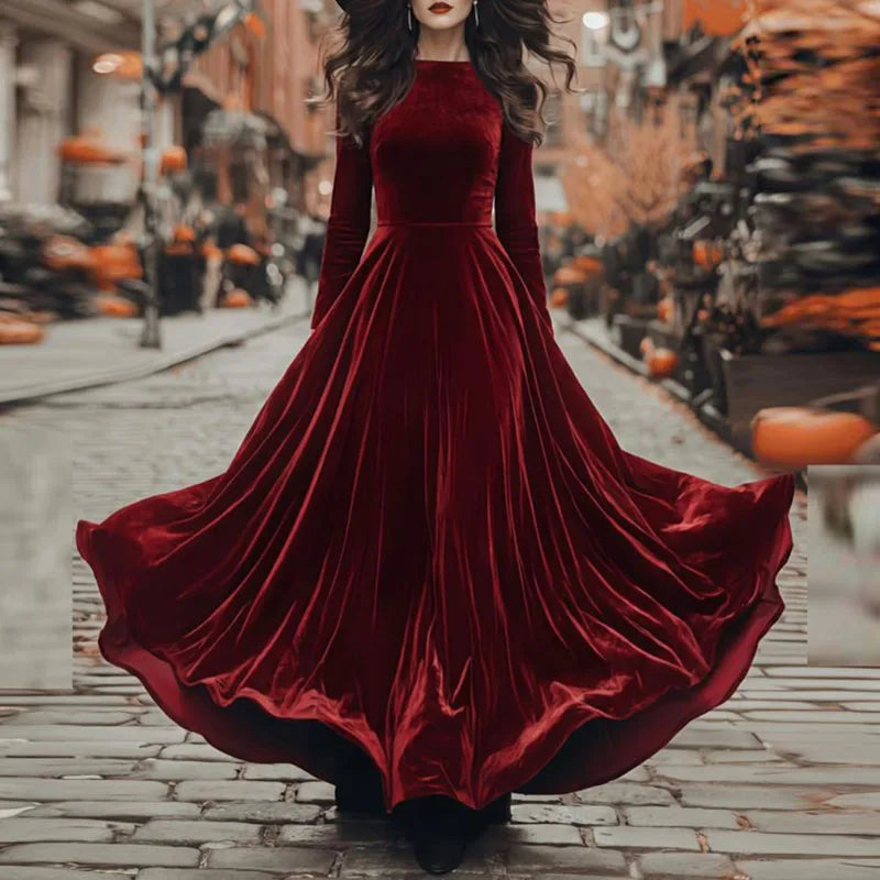 Elegant Velvet Long Sleeve A Line Maxi Dress for Women
