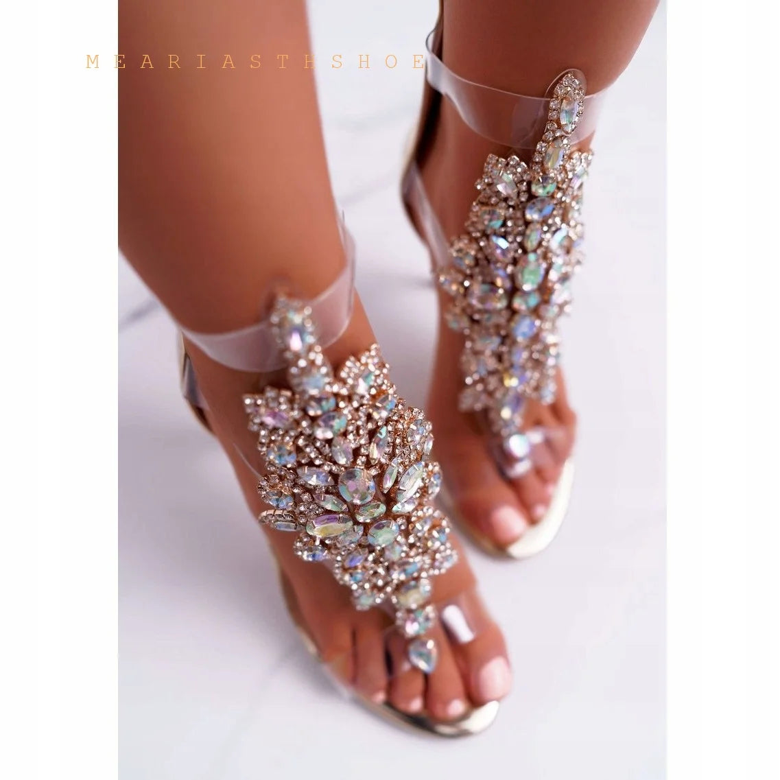 Clear Rhinestone T Strap Open Toe Gladiator Sandals For Women