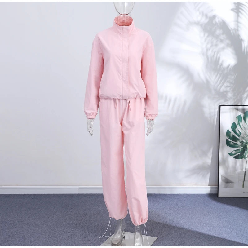 Solid Loose Suit Set with Stand Collar Crop Top and Drawstring Pants for Women