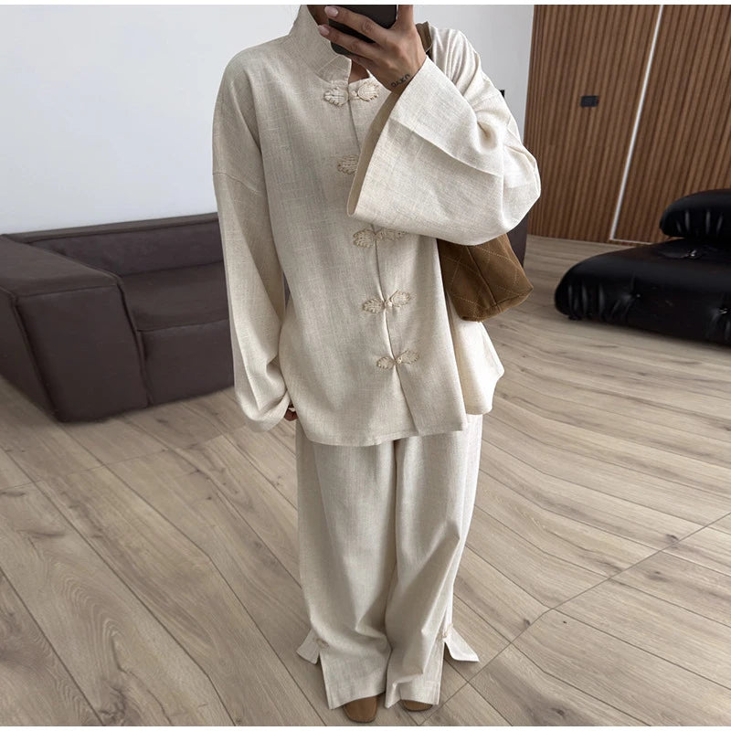 Casual Cotton Coat And Wide Leg Trouser Set for Women