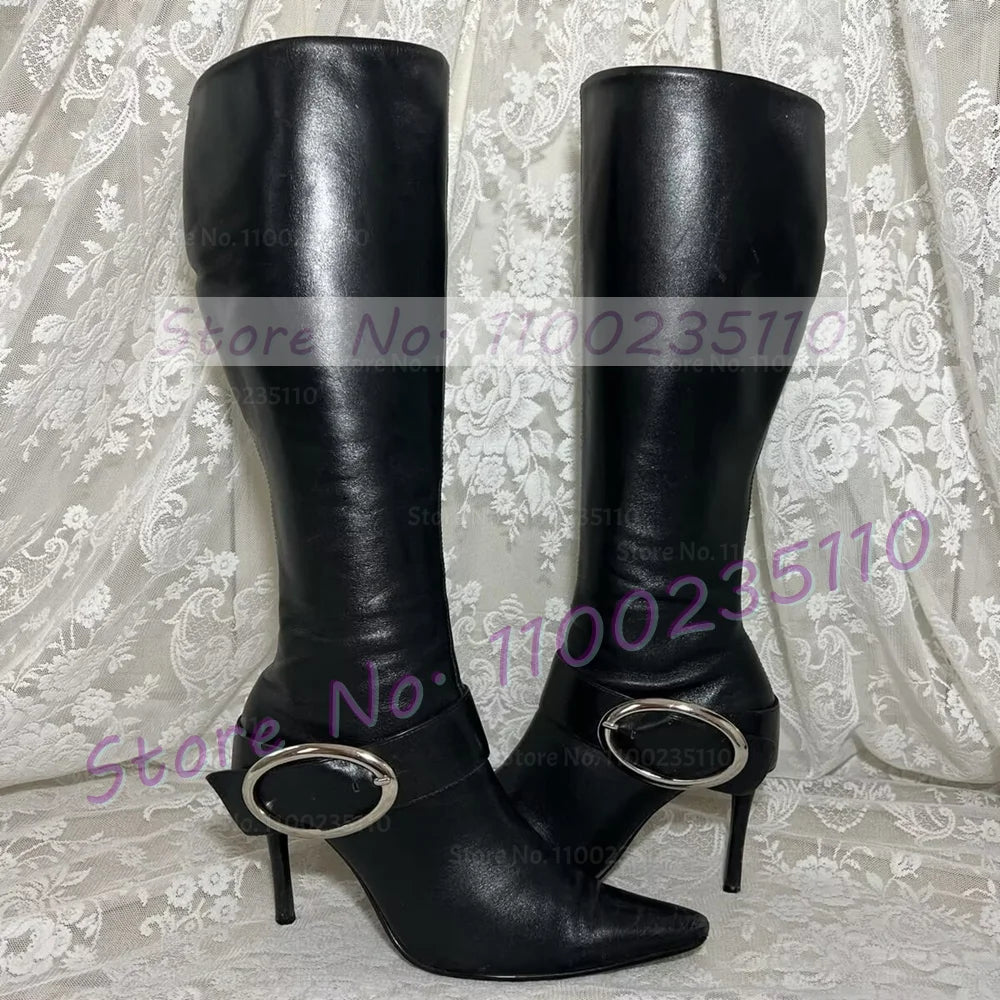 Black Leather Pointed Toe Knee High Boots for Women