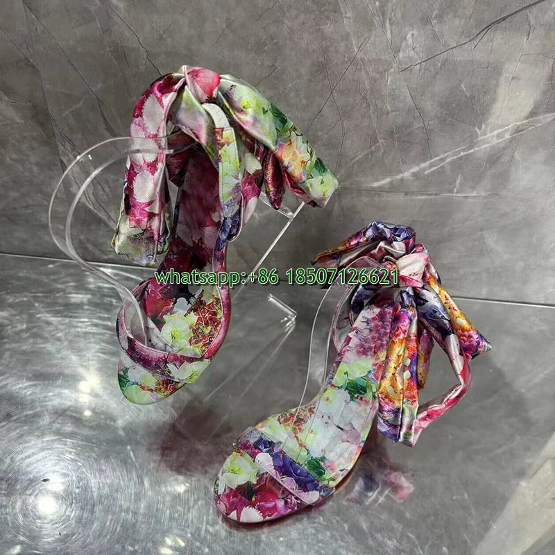 Printed Satin Ankle Strap Heels