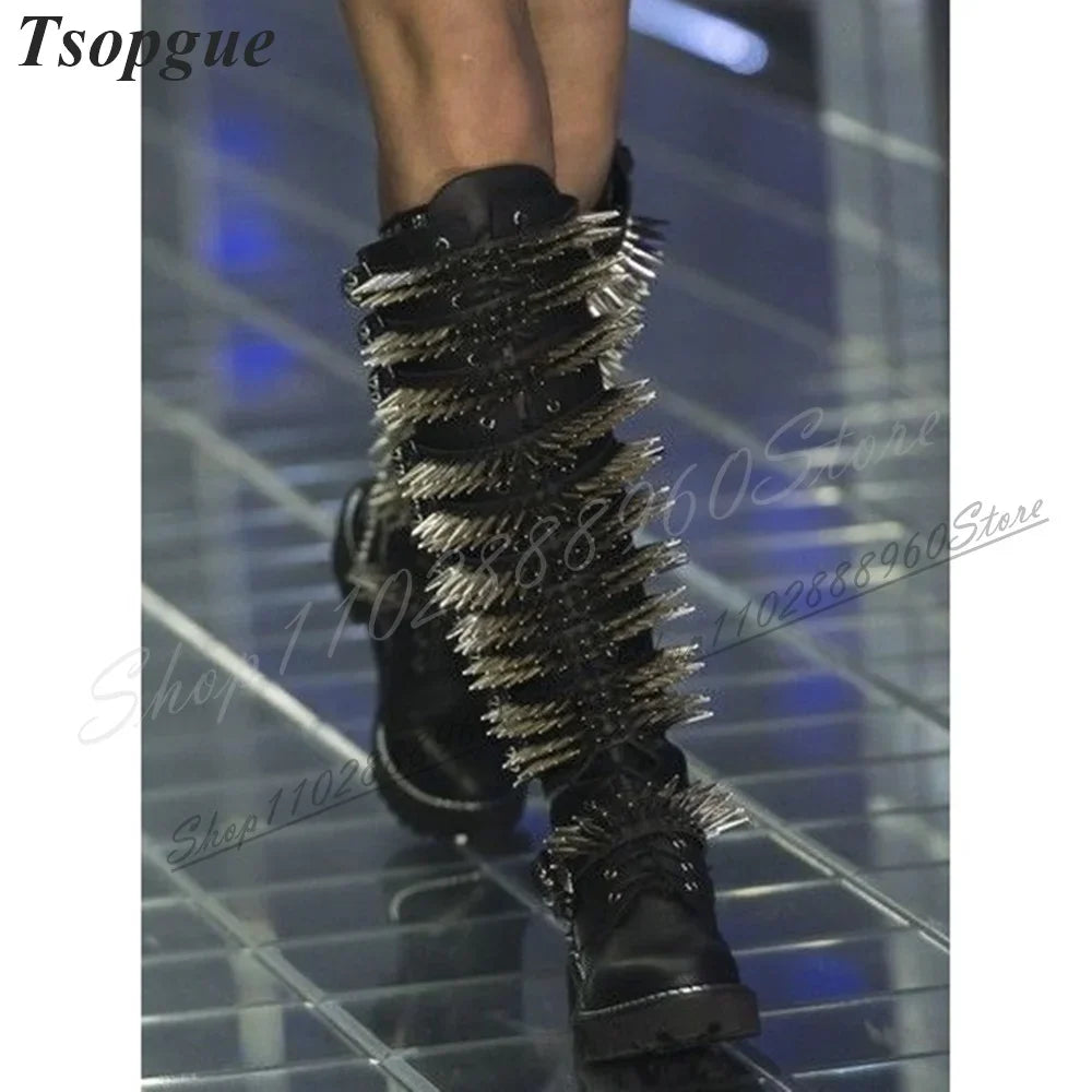 Catwalk Knee High Black Cross Tied Rivet Boots Flat With Shoes For Women Side Zipper Round Toe 2024 Fashion Zapatos Para Mujere