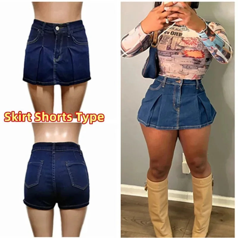 FAGADOER Y2k Denim Shorts Women Pleated Skirt Shorts Summer Stretchy Casual Shorts Retro 90s Fashion Streetwear Short Pants