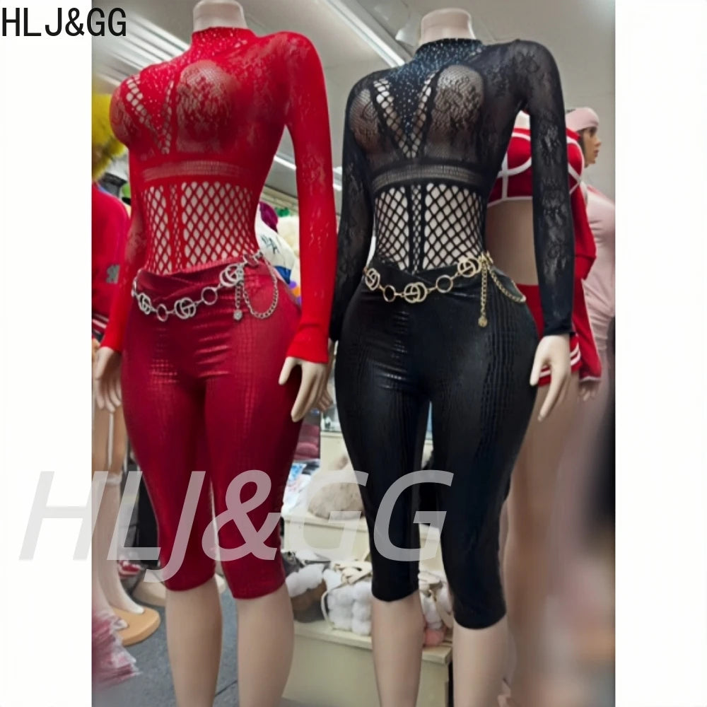 Sexy Rhinestone Mesh Two-Piece Bodysuit Set for Women