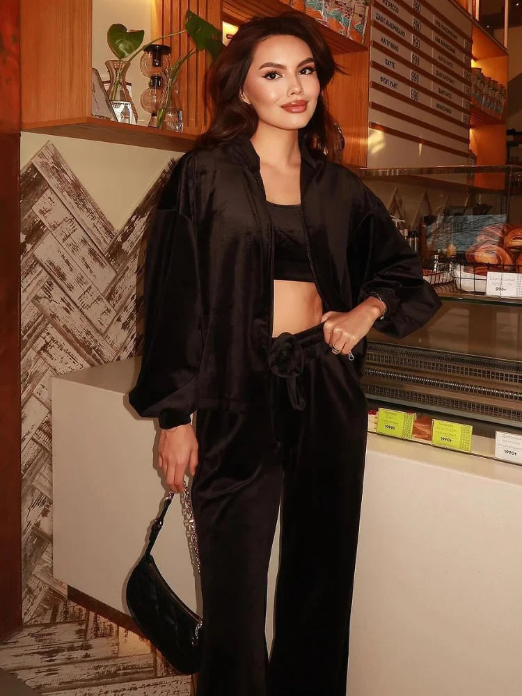 Chic Casual Velvet Hoodie Coat and Pants Set for Women