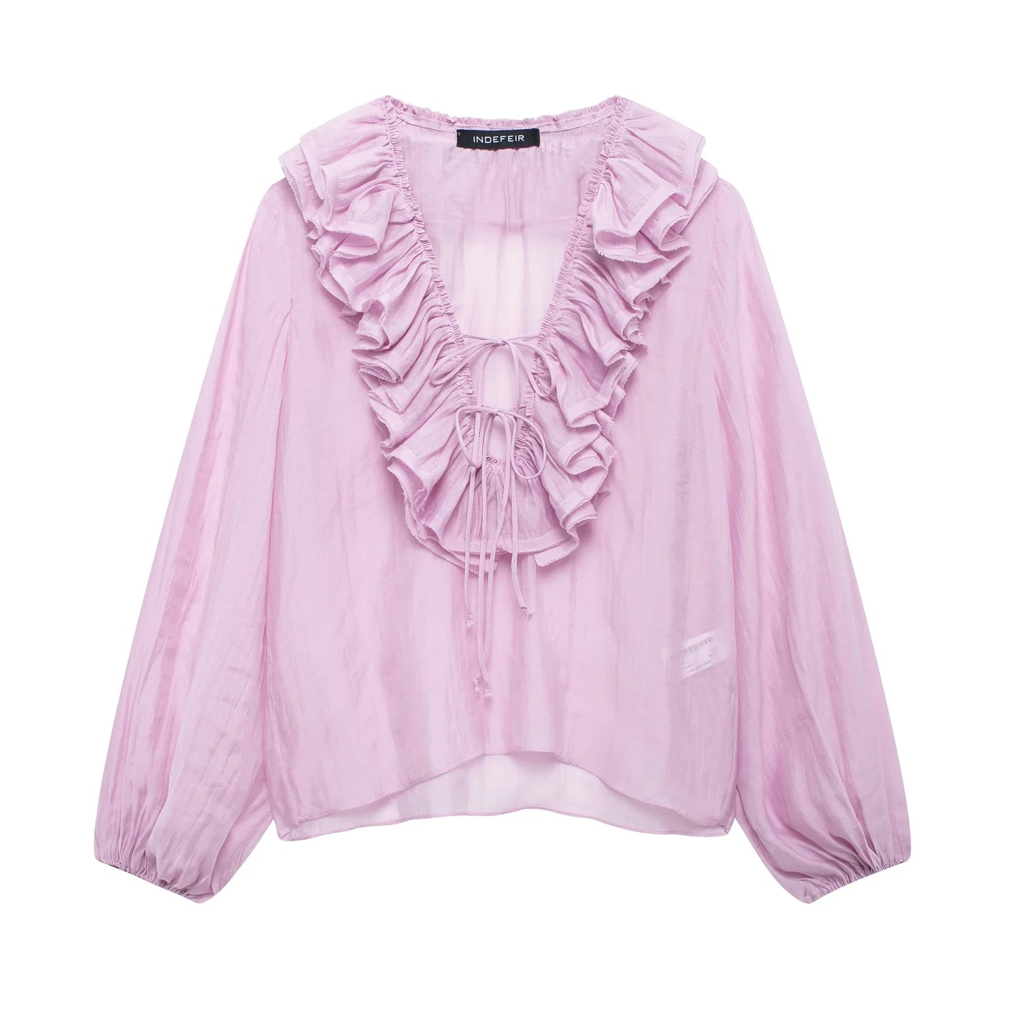 Elegant Retro V Neck Ruffle Trim Long Sleeve Top for Women