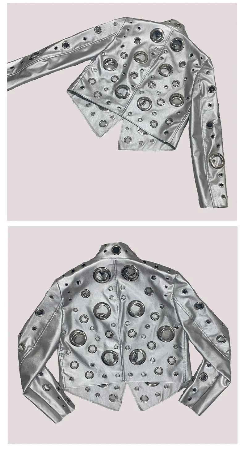 Sequin Hollow Out Patchwork Faux Leather Jacket For Women