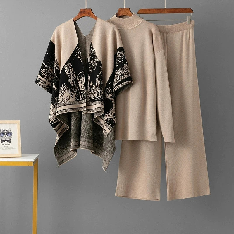 Loose Jacquard Knit Sweater and Wide Leg Pants Set for Women