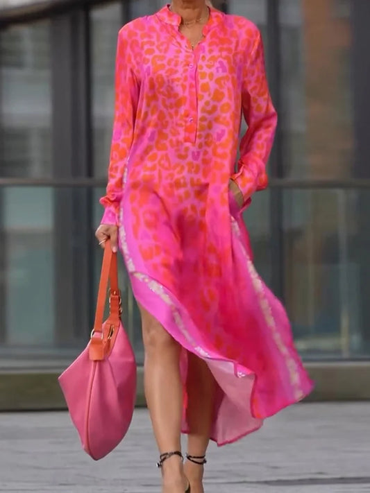 V Neck Holiday Printing Patchwork Maxi Dress, Women Spring Summer Long Sleeve Chic Party Dress, 2025 Loose Elegant Ladies Dress