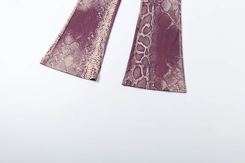 Snake Print Zip Jacket and Pants Two Piece Set for Women