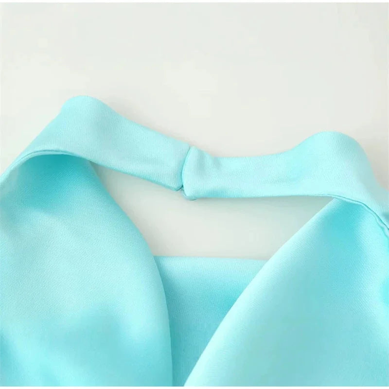 Turquoise Satin Cowl Neck Halter Top And Wide Leg Pants 2 Piece Set For Women