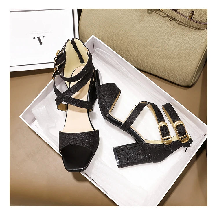 Square Heel Buckle Cross Strap Sandals