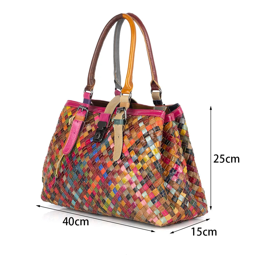 Woven tote bag, genuine leather, women's bag, cowhide, colorful retro casual buckle, women's hand-held multi-layer crossbody bag