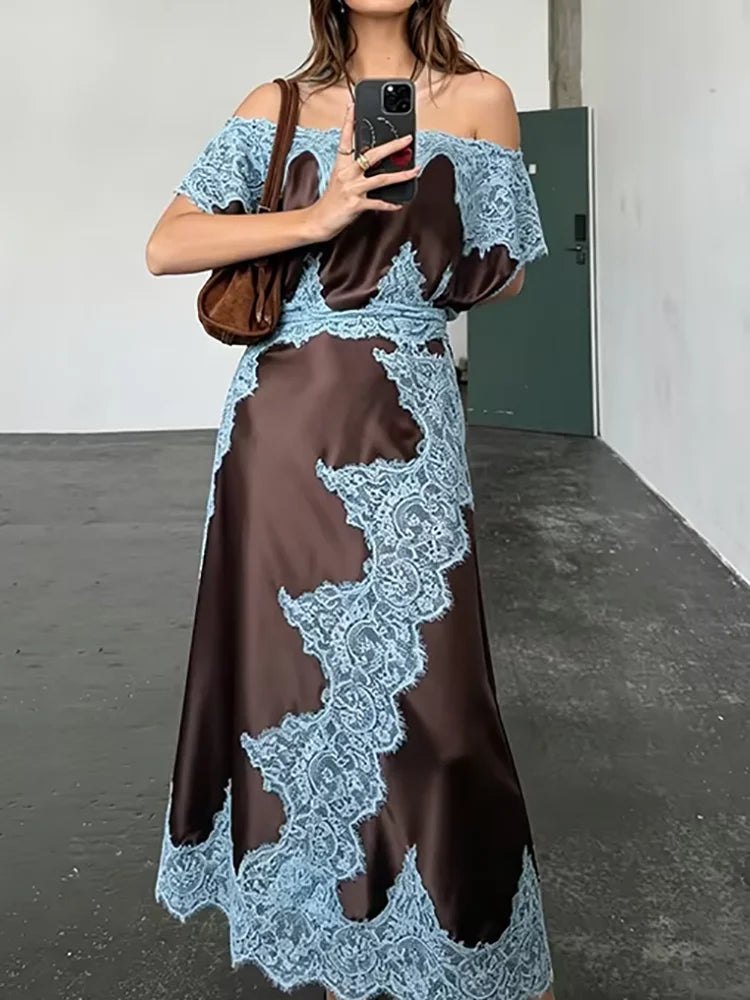 Lace Patchwork Short Sleeve Slash Neck Maxi Dress for Women
