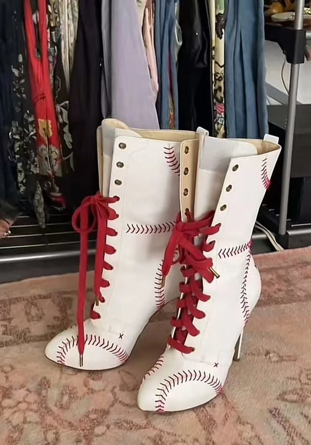 White Red Baseball Lace Stiletto Boots