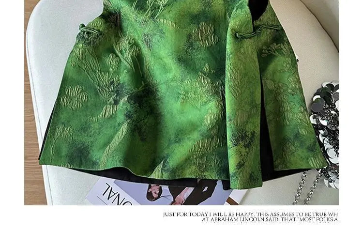 Green Chinese Style Embroidered Vest With Buckle for Women