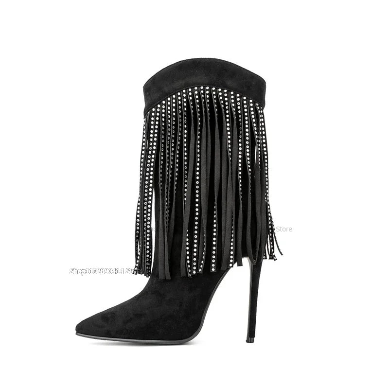 Black Pointed Toe Boots With Crystal Tassels For Women