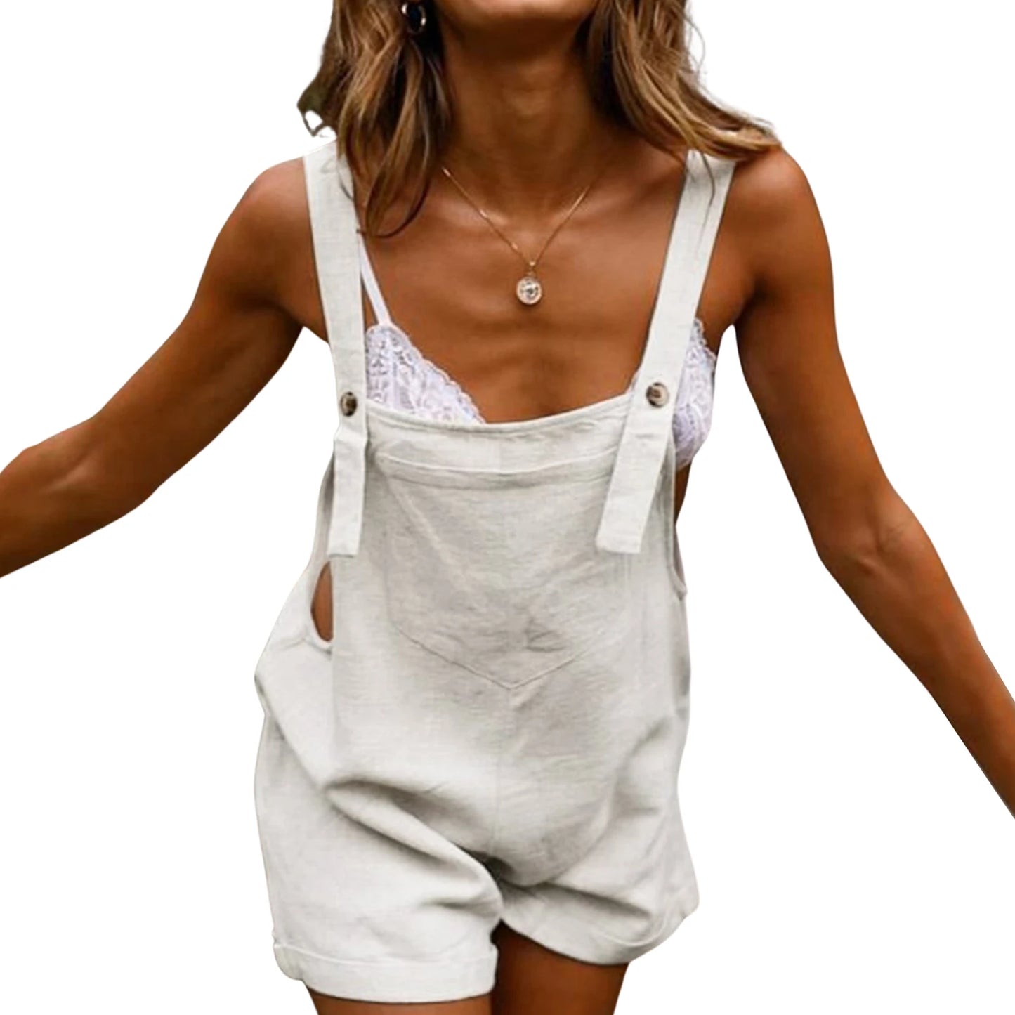 New Women Cotton and Hemp Loose Button Casual Backband Pants  Square Neck Sleeveless Shorts jumpsuit White/Black/Military Green
