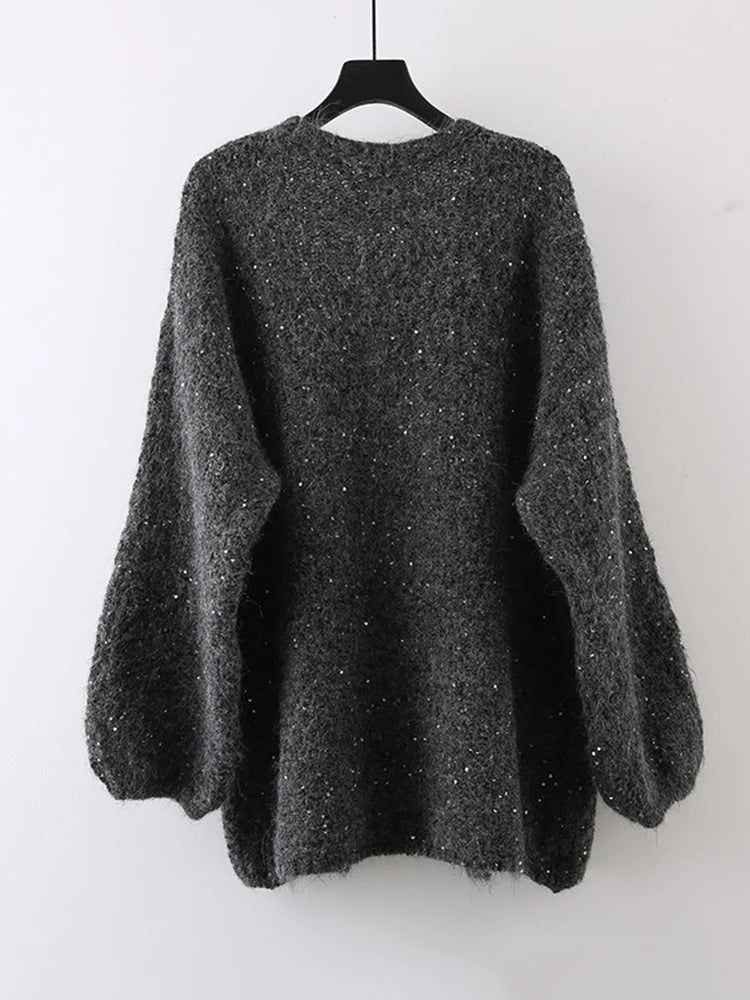 [EAM] Red Sequins Big Size Casual Knitting Cardigan Sweater V-Neck Long Sleeve Women New Fashion Tide Spring Autumn 2025 1DJ3382